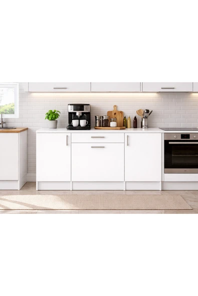 Tdesigno Kali Alt Modül-Çok Amaçlı Dolap -140 cm -3 Kapaklı-1 Çekmeceli-Laminat Beyaz Tezgah Dahil ürün görseli 1