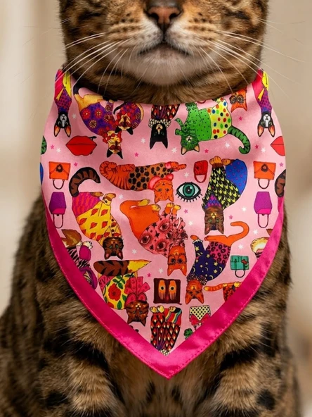 Renkli ve Eğlenceli Kedi Figürlü, Desenli ve Canlı Çerçeveli Şık Kedi Bandanası ürün görseli 1