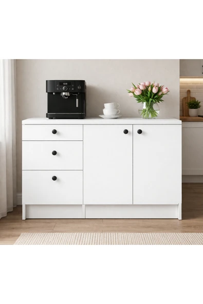 Tdesigno Roya Alt Modül-Çok Amaçlı Dolap -130 cm -2 Kapaklı-3 Çekmeceli-Laminat Beyaz Tezgah Dahil ürün görseli 1