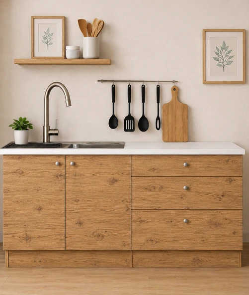 Tdesigno Barkın Alt Modül-Çok Amaçlı Dolap -160 cm -2 Kapaklı-3 Çekmeceli-Laminat Beyaz Tezgah Dahil ürün görseli 1