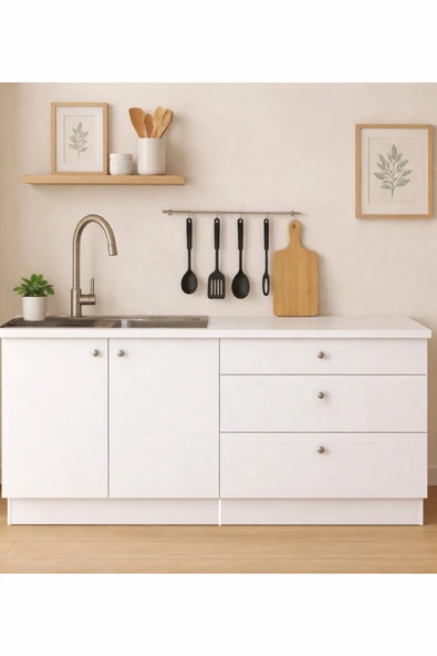 Tdesigno Barkın Alt Modül-Çok Amaçlı Dolap -160 cm -2 Kapaklı-3 Çekmeceli-Laminat Beyaz Tezgah Dahil ürün görseli 1