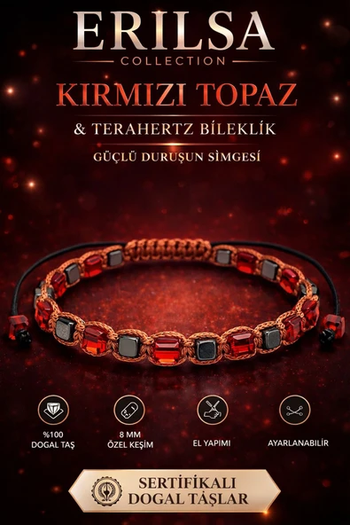 Sertifikalı Kırmızı Topaz Terahertz Bileklik 4 MM – El Yapımı Ayarlanabilir Lüks Tasarım Doğal Taş ürün görseli 1