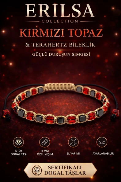 Sertifikalı Kırmızı Topaz Terahertz Bileklik 4 MM Küp Kesim – Doğal Taş El Yapımı Ayarlanabilir ürün görseli 1