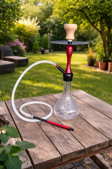 Nargile Takımı 60 cm Büyük Boy | Cam Şişe 17 cm Çap | Modern Kırmızı Gövde | Bahçe & Balkon Kullanımına Uygun Şık Nargile ürün görseli 1