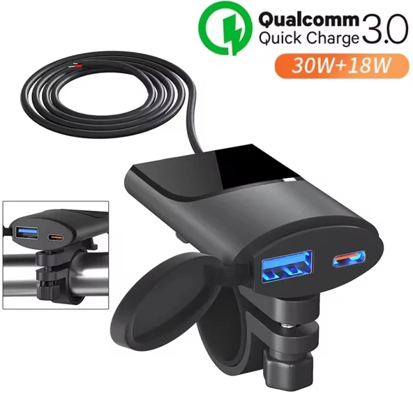 Motosiklet Type C ve Usb soketli hızlı Şarj ürün görseli 1