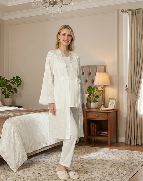 Bone 6201 Kadın Jakar Saten Sabahlıklı Lohusa Pijama Takımı ürün görseli 1