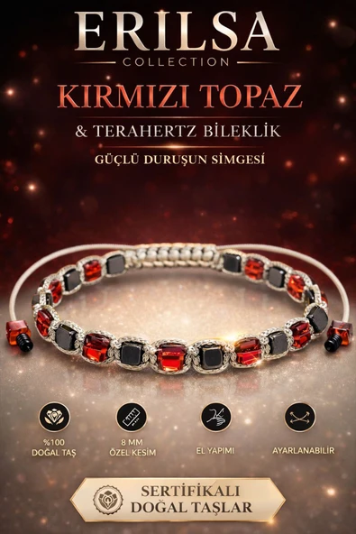 Sertifikalı Kırmızı Topaz Terahertz Bileklik - 8 MM Küp Kesim – Doğal Taş El Yapımı Ayarlanabilir ürün görseli 1