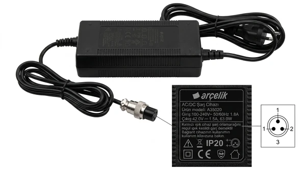42V 1.5A 3 Pin Mayk Uçlu Adaptör,  Elektrikli Scooter ve Hoverboard Şarj Cihazı ürün görseli 1