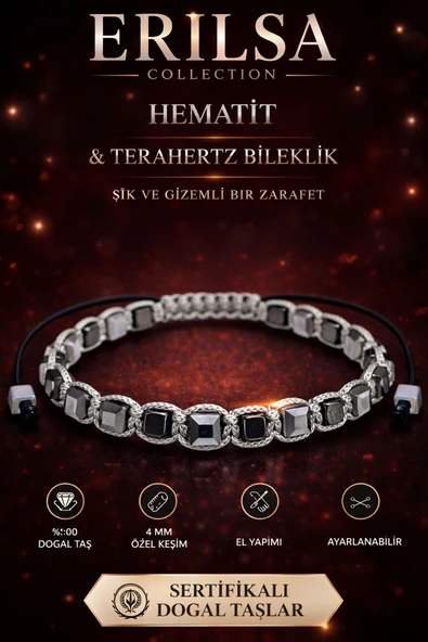 Sertifikalı Hematit Terahertz Bileklik - 4 MM Küp Kesim Doğal Taş El Yapımı Ayarlanabilir ürün görseli 1