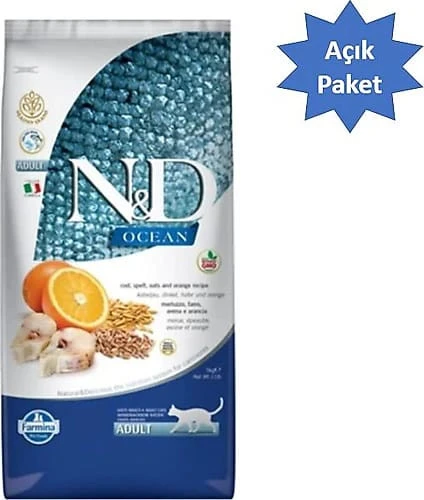 N&D Ocean Düşük Tahıllı Morina Balıklı ve Portakallı 1 kg Yetişkin Kedi Maması - Açık Paket ürün görseli 1