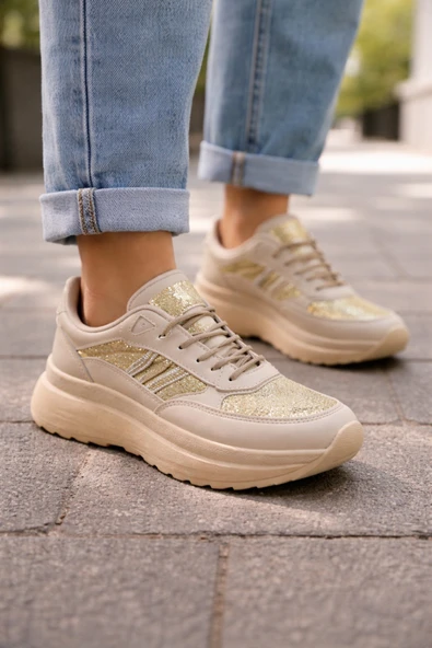 Kadın Bej Altın Simli Kalın Taban Sneaker Günlük Rahat Spor Ayakkabı ürün görseli 1