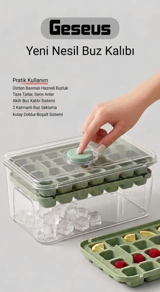 Bas-Çıkar Buz Kalıbı 56 Adet Buz Kapasiteli Kapaklı Saklama Kutulu ürün görseli 1
