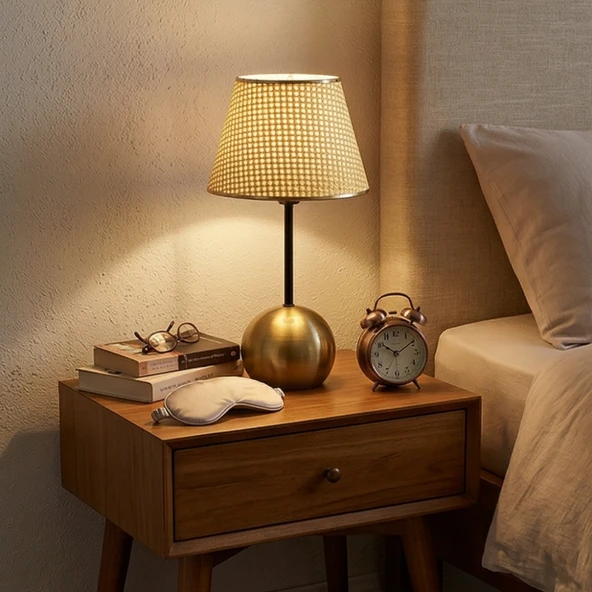 Dora Eskitme Gold Metal Ayaklı Abajur Hasır Başlıklı Vintage Gece Lambası ürün görseli 1