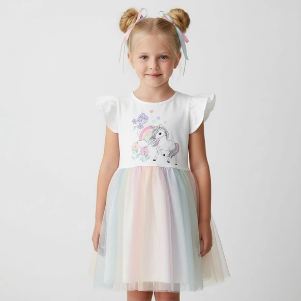 Unicorn Tüllü Kız Çocuk Elbise - Resim 5