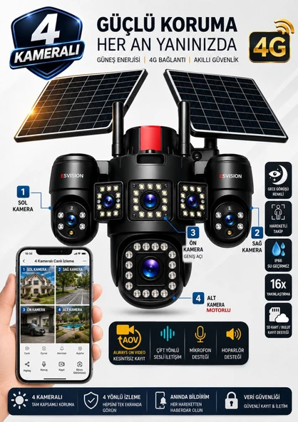EsVision 7021 4 Kameralı 4G Çift Solar Panel 16X Zoom HiEasy AOV (Sürekli Kayıt) Gece Görüş Çift Yönlü Ses  Akıllı Kamera ürün görseli 1