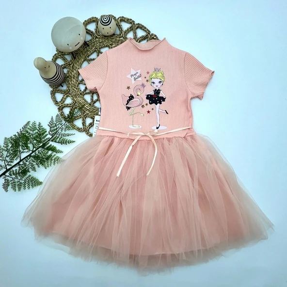 5-6-7 Yaş Flamingo Balerin Kız Baskılı Kurdela Kuşaklı Astarlı Kız Çuk Tütü Elbise Somon ürün görseli 1