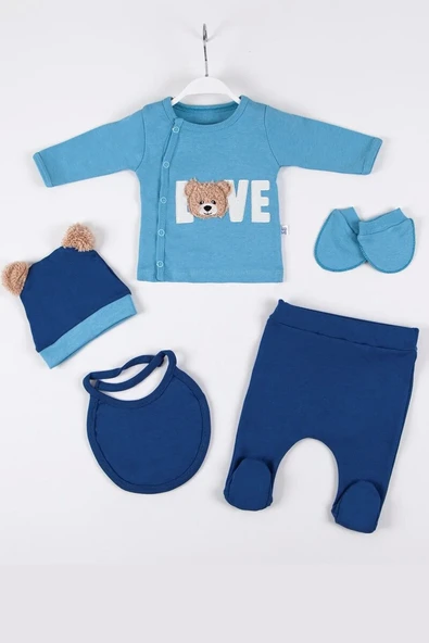 Love Bear Nakışlı 5'li % 100 Pamuk Erkek Bebek Hastane Çıkış Seti ürün görseli 1