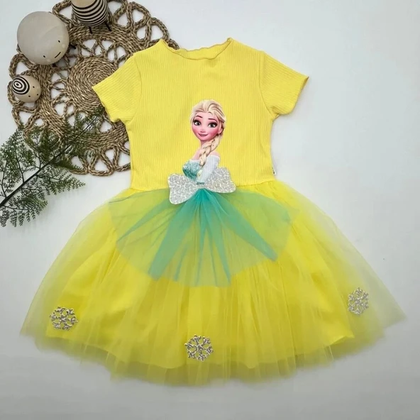 5-6-7 Yaş Elsa Desenli Fiyonklu Tül Etekli Astarlı Kısa Kollu Kız Çuk Tütü Elbise Sarı ürün görseli 1