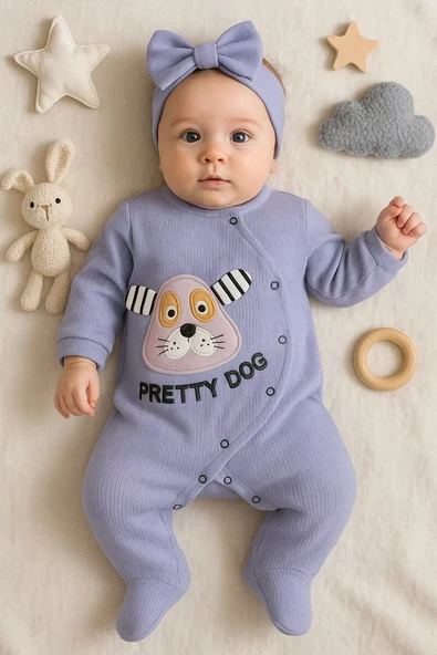 Pretty Dog Nakışlı Bandanalı % 100 Pamuk Kız Bebek Tulumu ürün görseli 1