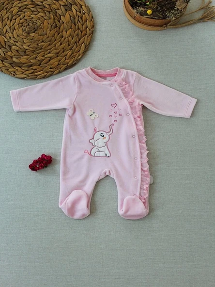 3-6 6-9 9-12 Ay Romantik Fil Nakışlı Pembe Süslü Kız Bebek Tulumu Pembe ürün görseli 1