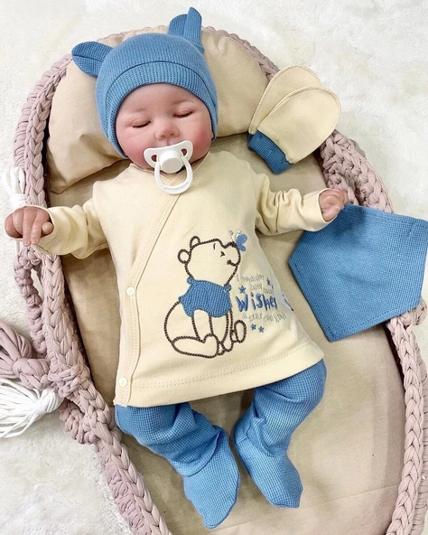 Waffle Natural % 100 Pamuk 5'li Erkek Bebek Hastane Çıkış Seti ürün görseli 1
