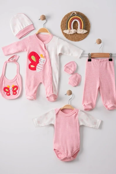 Kelebek Nakışlı Tulumlu % 100 Pamuk Kız Bebek 5'li Set ürün görseli 1