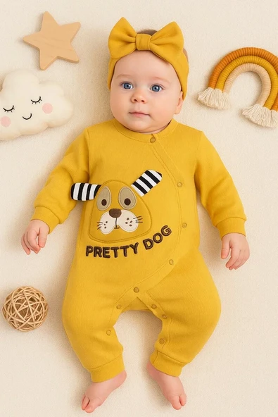 Pretty Dog Nakışlı Bandanalı % 100 Pamuk Kız Bebek Tulumu ürün görseli 1