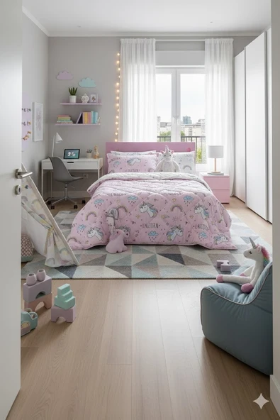 CLASY TEK KİŞİLİK DESENLİ YORGAN UNİCORN PEMBE ürün görseli 1