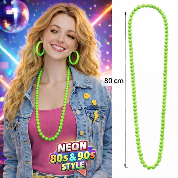 Neon Yeşil Boncuk Kolye 80 cm – Retro 80’ler 90’lar Parti Aksesuarı ürün görseli 1