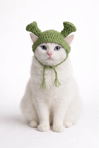 Nuigo Shrek Temalı El Yapımı Örgü Pet Şapkası - Ayarlanabilir Bağcıklı Yeşil Kedi ve Küçük Irk Köpek Aksesuarı ürün görseli 1