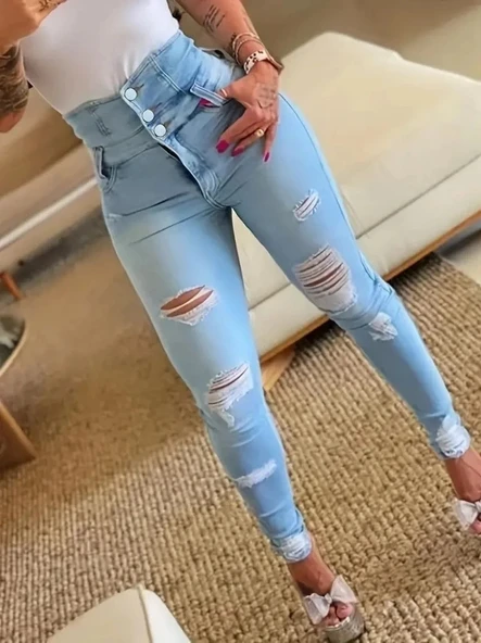 Kadın Yüksek Belli önden Düğmeli Yırtık Detaylı Kot Pantolon ürün görseli 1