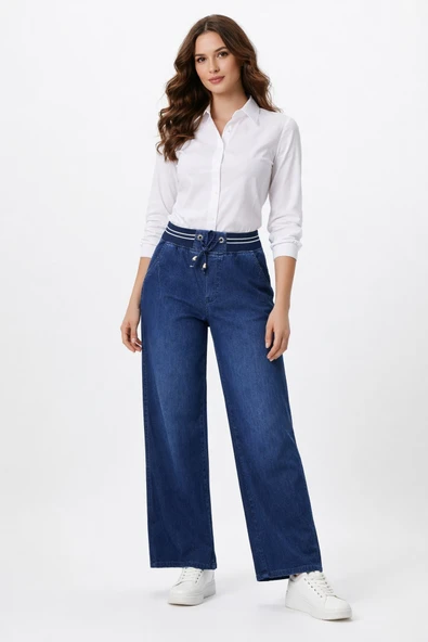 Kadın Bol Jean Pantolon Beli Ribana Lastikli BGL-ST05385 ürün görseli 1