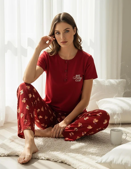 Mihra Kadın Compakt Penye Düğmeli Yaka Kısa Kol İnce Pijama Takımı 90783K - 1 Adet  2XL Kırmızı ürün görseli 1