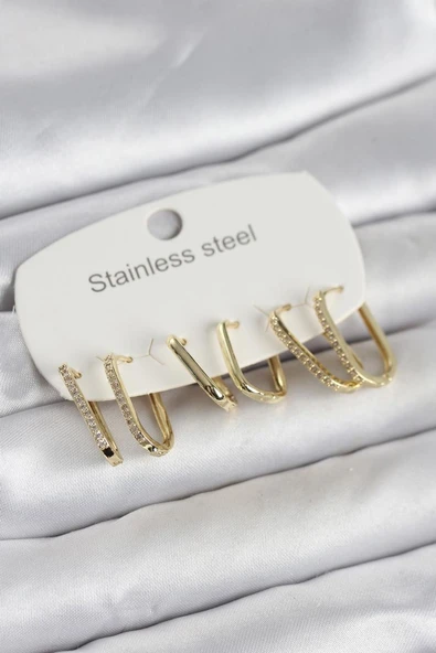 316L Çelik Gold Renk 6'lı Set Geometrik Model Kadın Küpe - TJ-BKP11741 ürün görseli 1