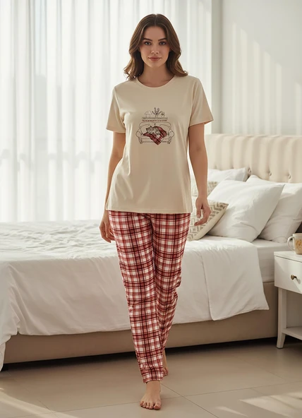 Mihra Kadın Compakt Penye Bisiklet Yaka Kısa Kol İnce Pijama Takımı 90784E - 1 Adet  Ekru S - M ürün görseli 1