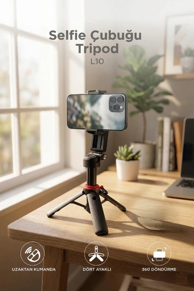 Tripod Çok Amaçlı 360 Derece Kumandalı Mini Selfie Çubuğu L10 Siyah ürün görseli 1