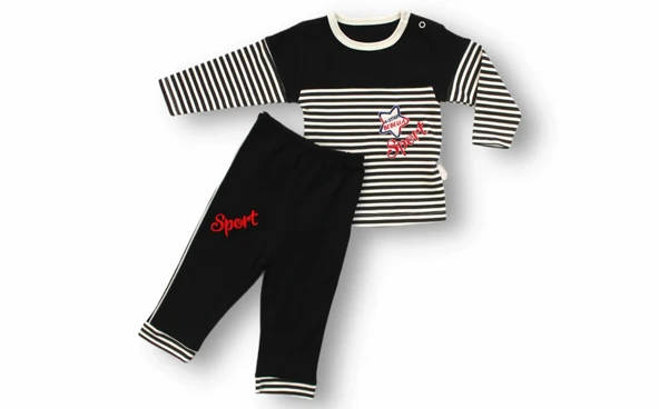 6-9 9-12 12-18 18-24 24-36 Ay Sport Baskılı Çizgili Uzun Kollu Sweatli 2li Erkek Bebek Takımı Siyah ürün görseli 1