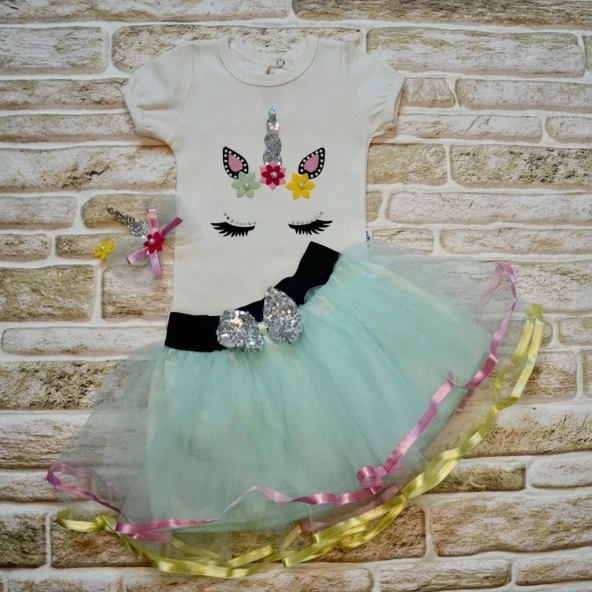 9-12-18 Ay Payetli Pony Nakışlı Tokalı Kısa Kollu Tütü Etek 3lü Kız Bebek Takımı Su Yeşili ürün görseli 1