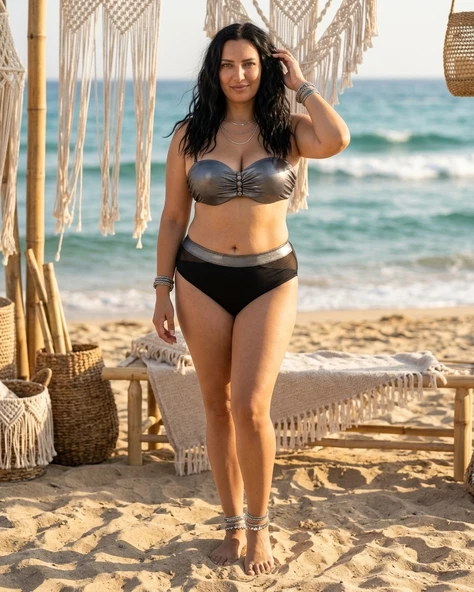 Büyük Beden Destekli Straplez Kesim Parlak Toparlayıcı Yüksek Bel Kadın Bikini Takım ürün görseli 1