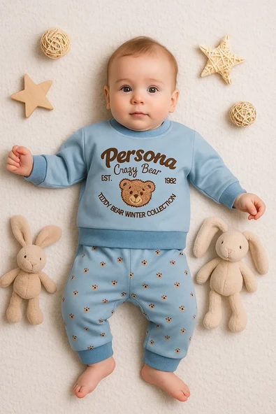Persona Bear Nakışlı % 100 Pamuk 2'li Erkek Bebek Takım ürün görseli 1