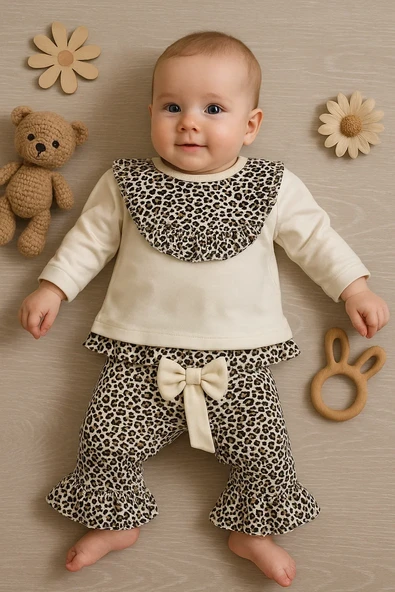 Leopar Detaylı 2'li Kız Bebek Takım %100 Pamuk ürün görseli 1