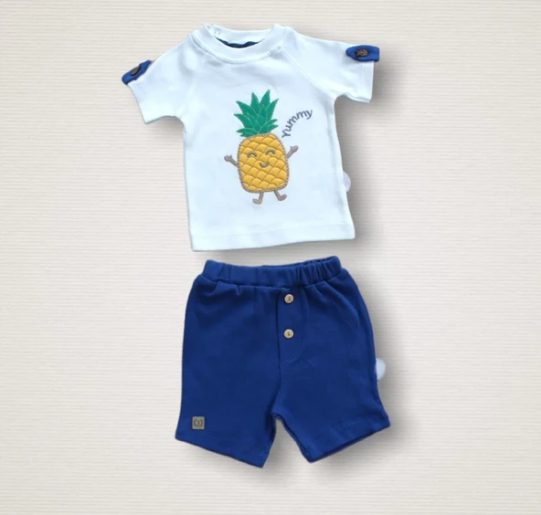 6-9 9-12 12-18 Ay Ananas Nakışlı Kısa Kollu Sweatli Şortlu 2li Kız-erkek Bebek Takımı Mavi ürün görseli 1