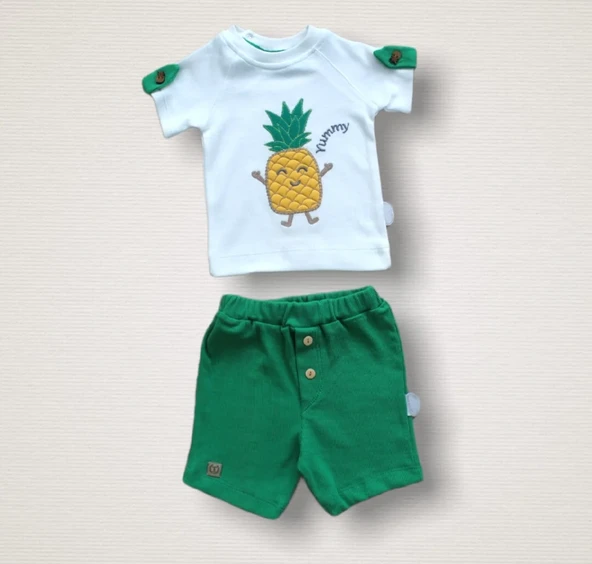 6-9 9-12 12-18 Ay Ananas Nakışlı Kısa Kollu Sweatli Şortlu 2li Kız-erkek Bebek Takımı Yeşil ürün görseli 1