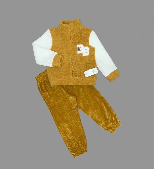 1-2-3 Yaş Kuzu Kumaş Fermuarlı Sweat Kadife Pantolonlu Uzun Kollu Kız Erkek Çocuk 2li Takım Hardal ürün görseli 1