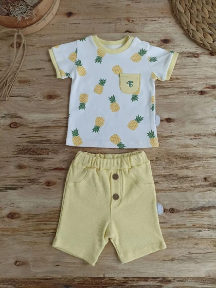 3-6 6-9 9-12 Ay Ananas Baskılı Şort Tişört 2 Li Kız Erkek Bebek Takımı Sarı ürün görseli 1