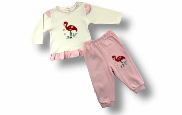 3-6 6-9 9-12 Ay Flamingo Nakışlı Uzun Kollu Sweatli 2li Kız Bebek Takımı Ekru ürün görseli 1
