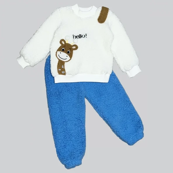1-2-3 Yaş Hello Zürafa Nakışlı Kuzu Kumaş Sweat Pantolon Uzun Kollu Kız Erkek 2 Li Takımı Saks Mavisi ürün görseli 1