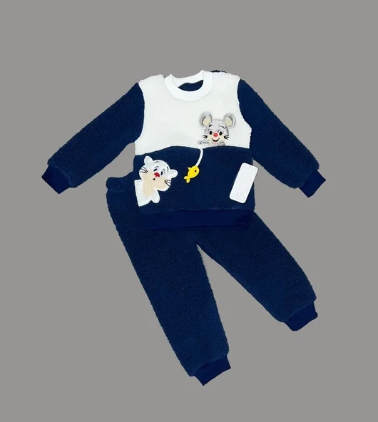 1-2-3 Yaş Sallanan Balık Nakışlı Kuzu Kumaş Sweat Pantolon Uzun Kollu Kız Erkek 2 Li Takımı Lacivert ürün görseli 1