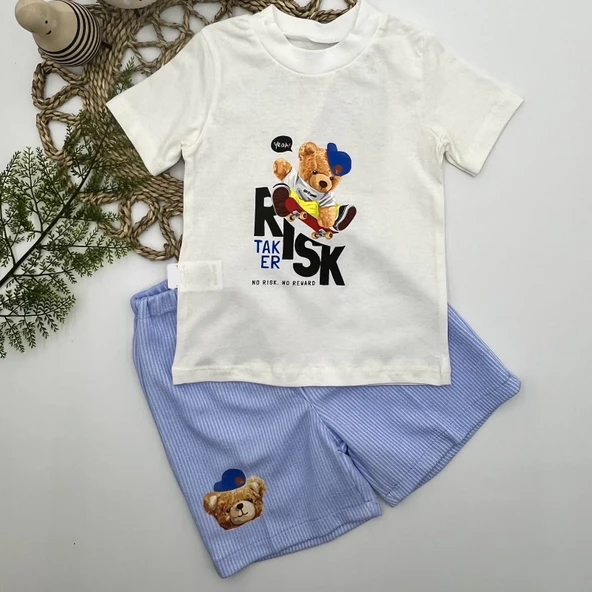 1-2-3 Yaş Kaykaycı Ayı Baskılı Şortlu Kısa Kollu Tişört 2li Erkek Bebek Takımı Ekru ürün görseli 1