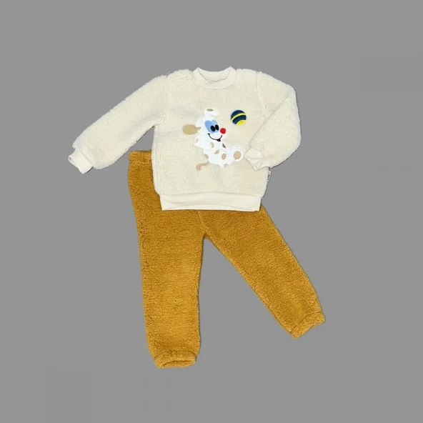 1-2-3 Yaş Toplu Köpek Nakışlı Kuzu Kumaş Sweat Pantolonlu Uzun Kollu Kız Erkek Bebek Takımı Hardal ürün görseli 1